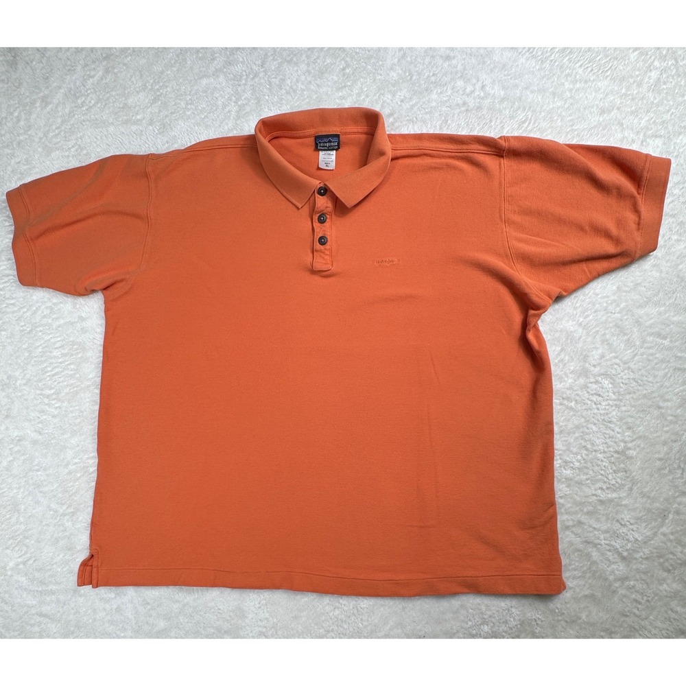 Patagonia Mens XL Organic Cotton Short Sleeve Polo Shirt Orange Pique Knit‎ Logo